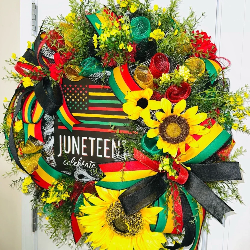 Juneteenth Celebration Sunflower Wreath - Yellow, Red & Green